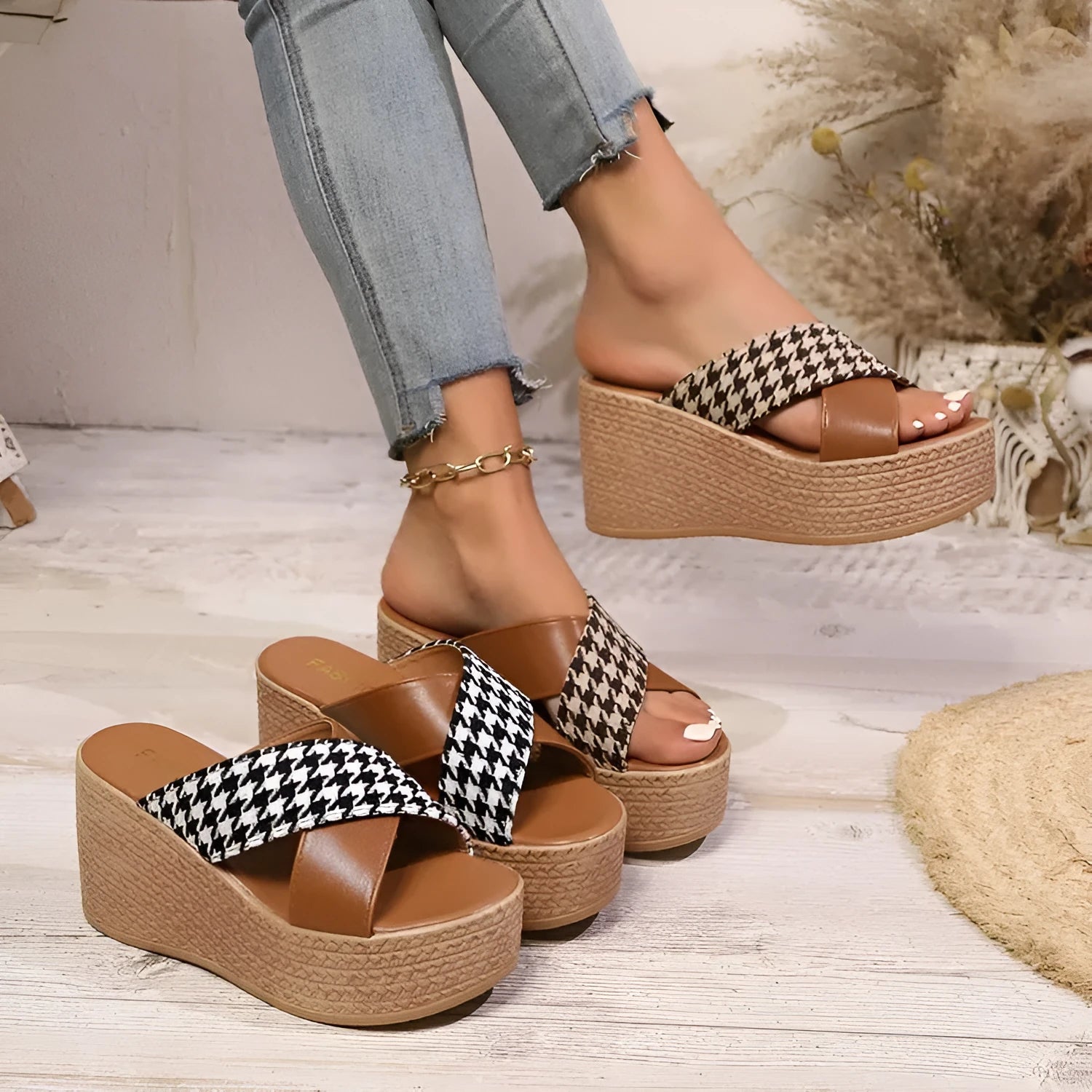 Brown and black leopard plaid pattern wedge sandals with rubber soles