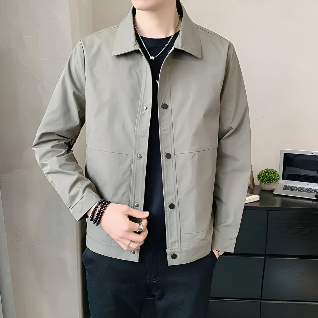 Korean style thin single-layer men's jacket in grey, showing long sleeves and front zip.