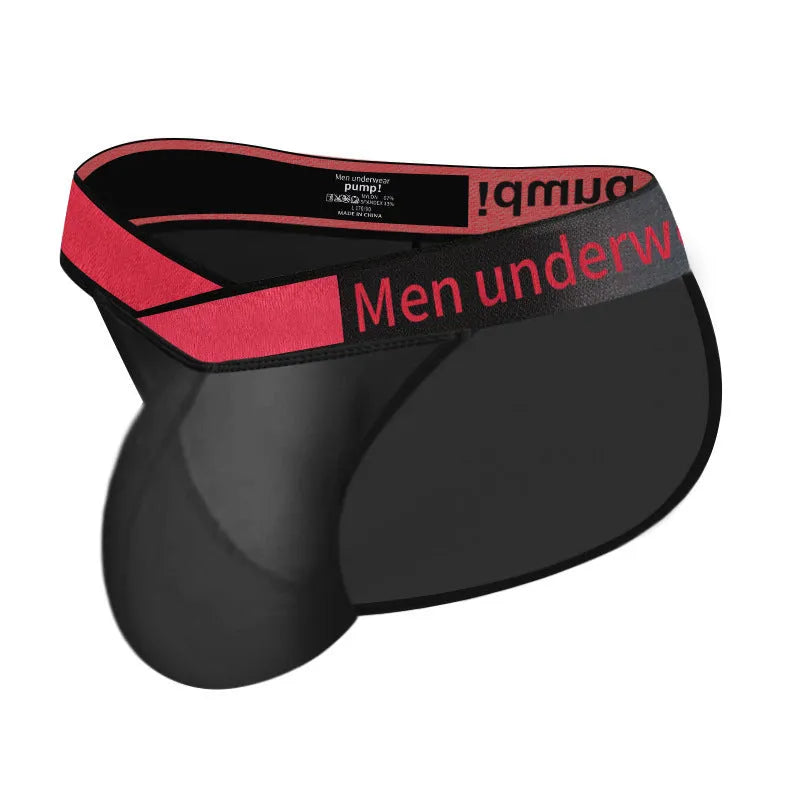 Men's transparent ice silk briefs with large V gradient high fork design in red, black and white colours