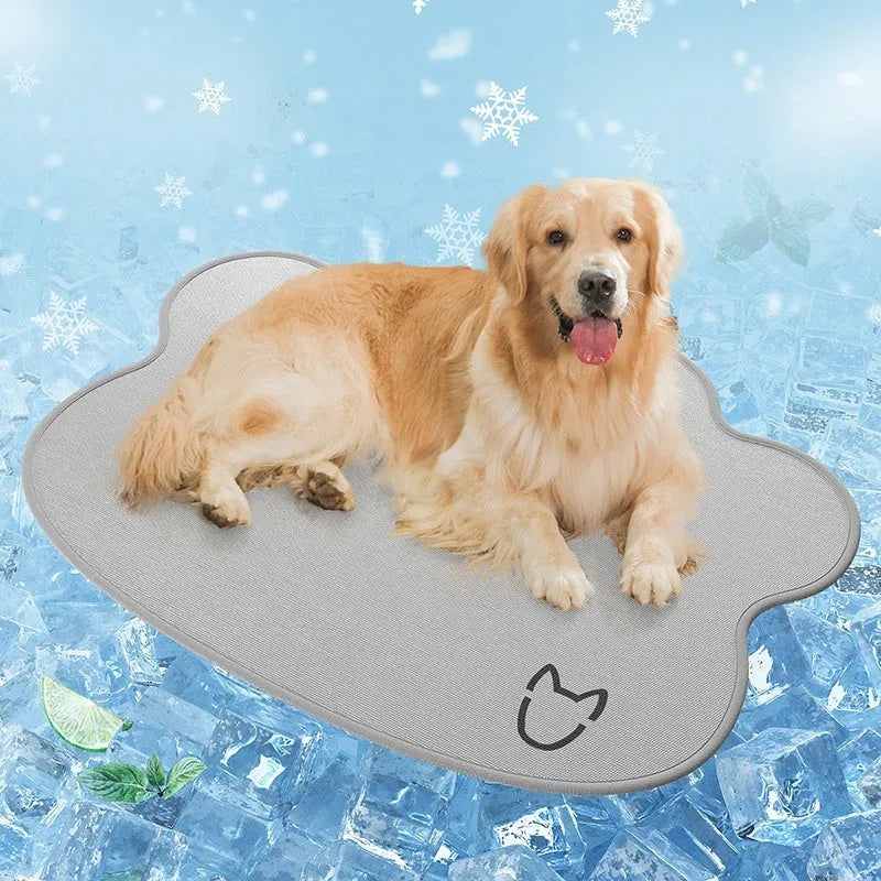 Ice silk dog cooling mat with dog head pattern in light grey, showing non-slip base and rectangular shape.