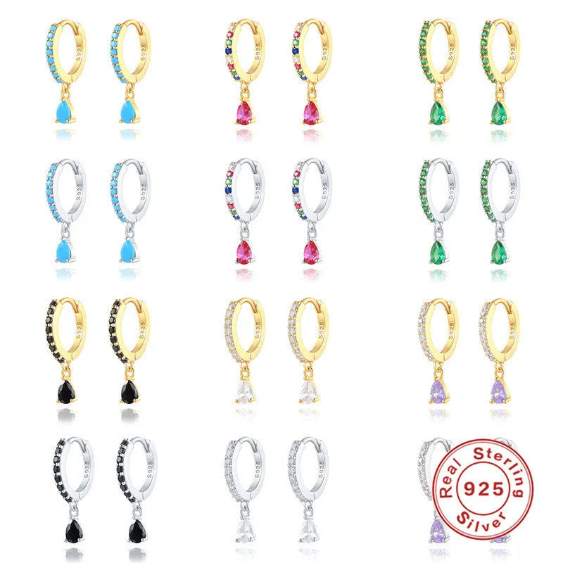 S925 sterling silver geometric water drop earrings with electroplated finish and gemstone accents