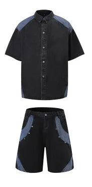 Short sleeve vintage washed denim jacket and trouser suit set in blue