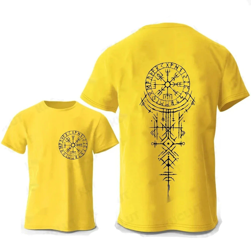 Man wearing a grey t-shirt with a large Viking rune compass graphic printed on the chest.