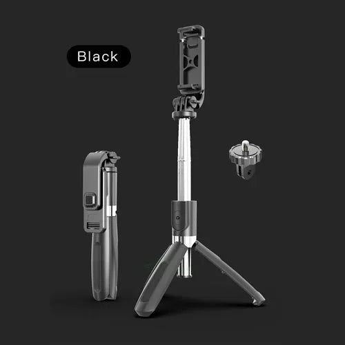 Black or white Bluetooth selfie stick tripod extended with phone attached and wireless remote.