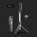 Black or white Bluetooth selfie stick tripod extended with phone attached and wireless remote.