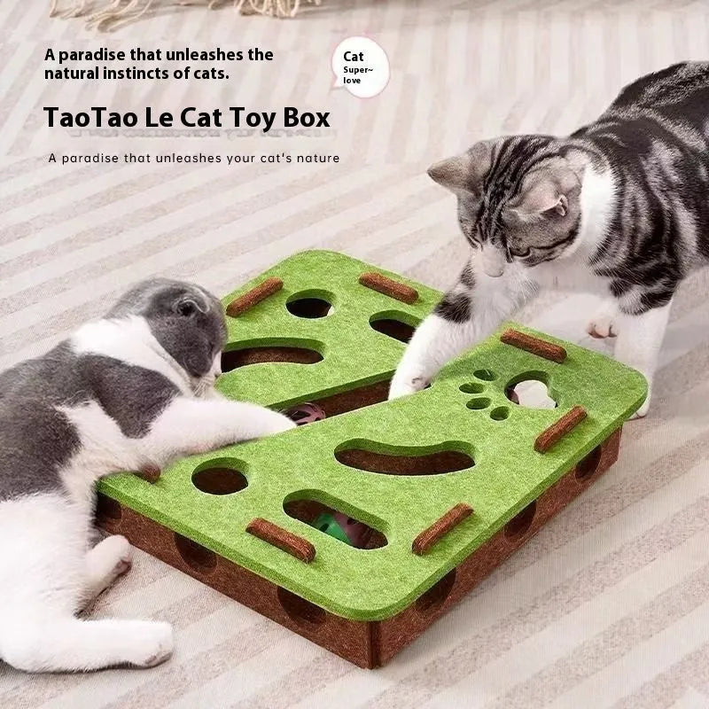 Felt cat toy box 30cm with scratching surface and hiding holes in green brown colour