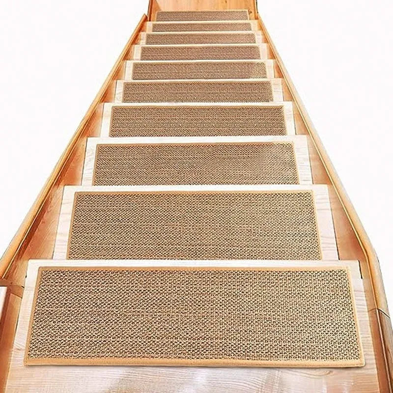 Japanese-style linen-look stair carpet with camel colour and rubber backing