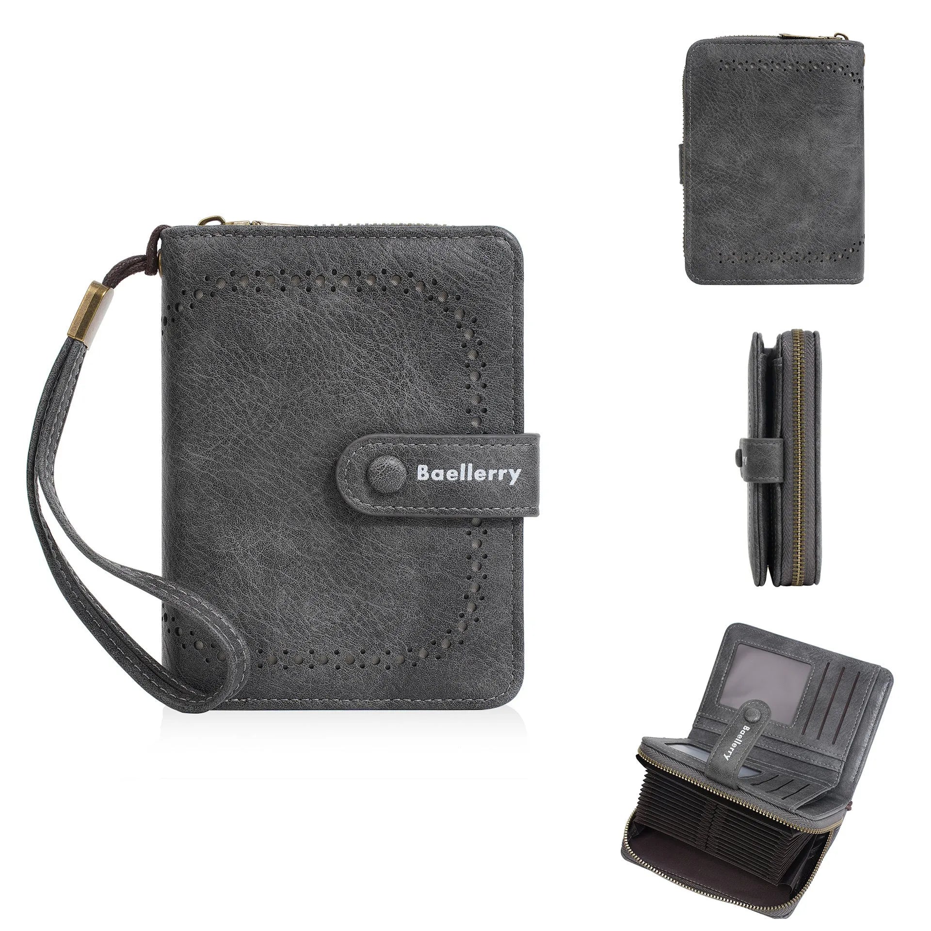 Women's black PU leather zip coin purse with card slots, shown alongside red, brown, and light grey colour options.