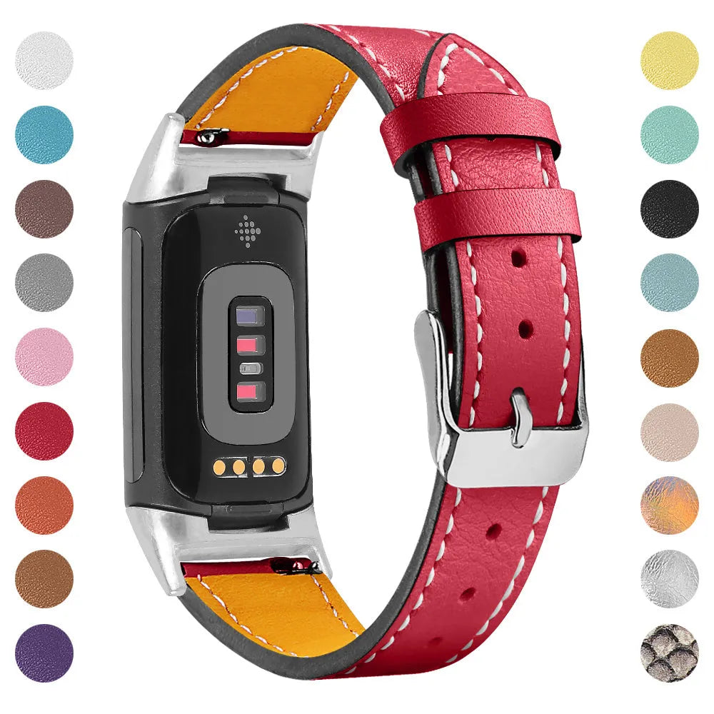Genuine cowhide leather strap for Fitbit Charge 5 and Charge 6 smartwatch in multiple colour options.