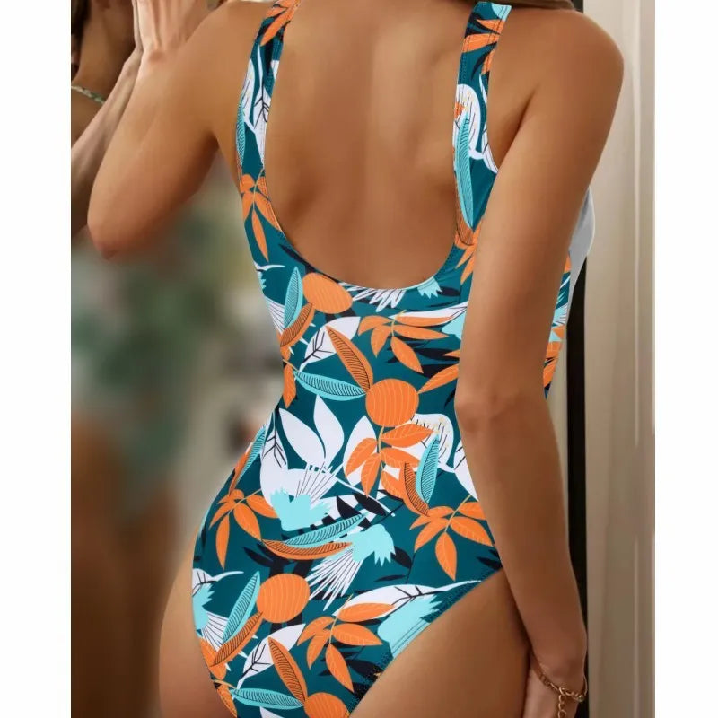Women's high waist one-piece bikini in printed pattern with quick-dry polyester fabric