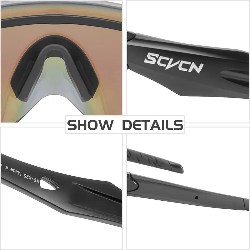 Frameless windproof sports goggles with an integrated colourful lens, shown in a sporty setting.
