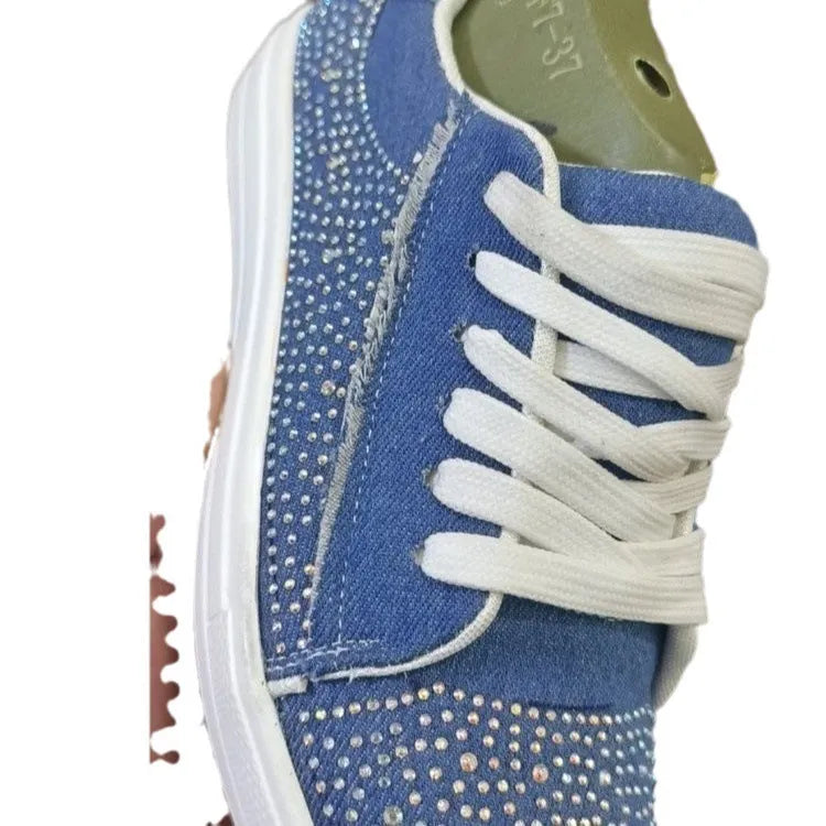 Plus size women's black lace-up casual shoes with rhinestones on round toe and thick flat rubber sole