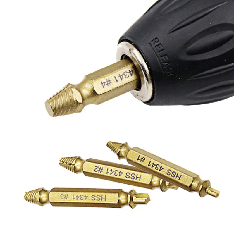 Premium screw extractor set with 4341 high-speed steel construction for removing broken screws