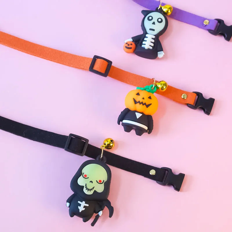 Halloween dog collar decoration in luminous skull design showing polyester material and size measurement indicators