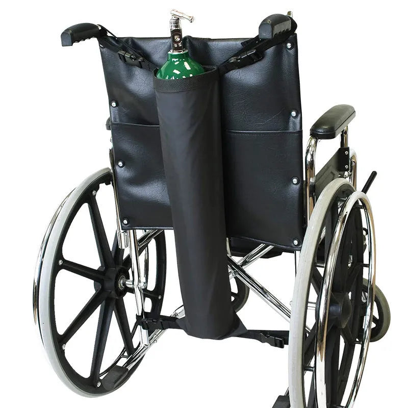 Black cylindrical wheelchair pannier bag for oxygen cylinder transport made from 600D Oxford cloth.