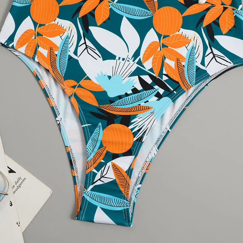 Women's high waist one-piece bikini in printed pattern with quick-dry polyester fabric