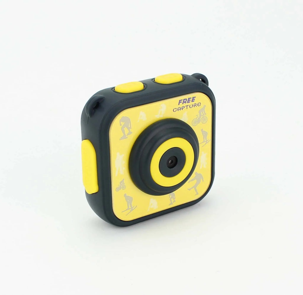 Yellow children's waterproof sports camera with LCD screen showing HD video recording.