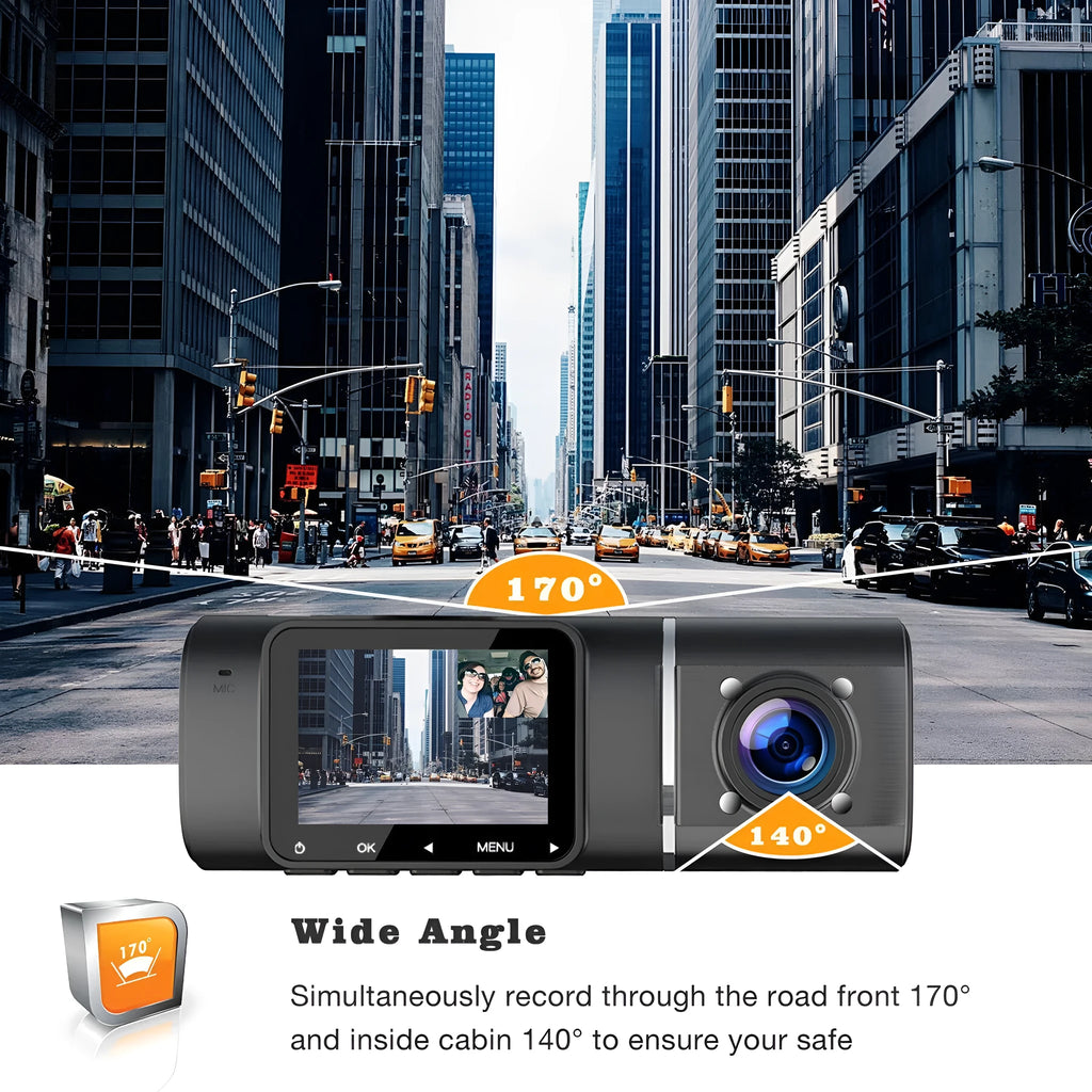 Black dual-channel dash cam on a car windscreen with front and rear recording, 1.5-inch screen.
