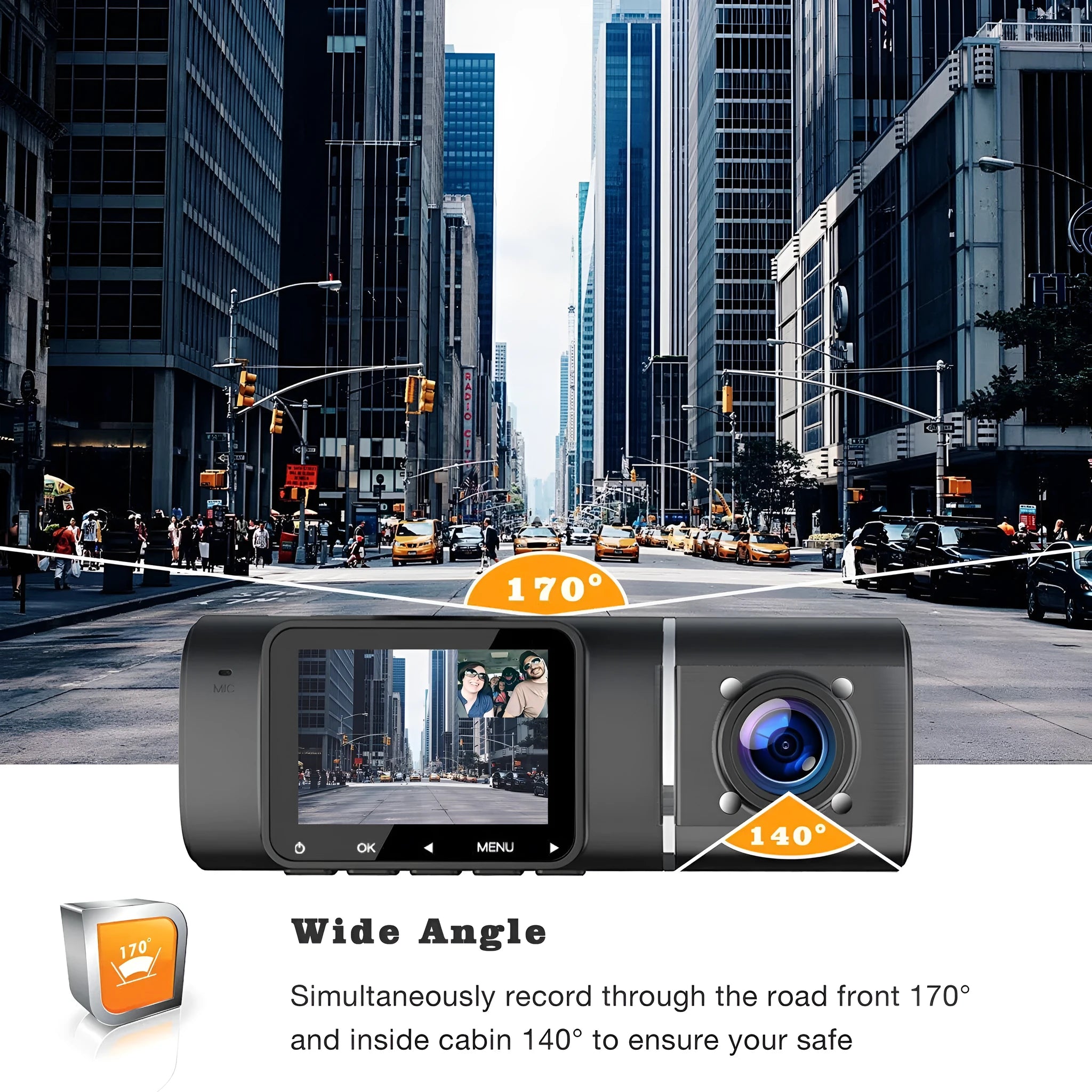 Black dual-channel dash cam on a car windscreen with front and rear recording, 1.5-inch screen.