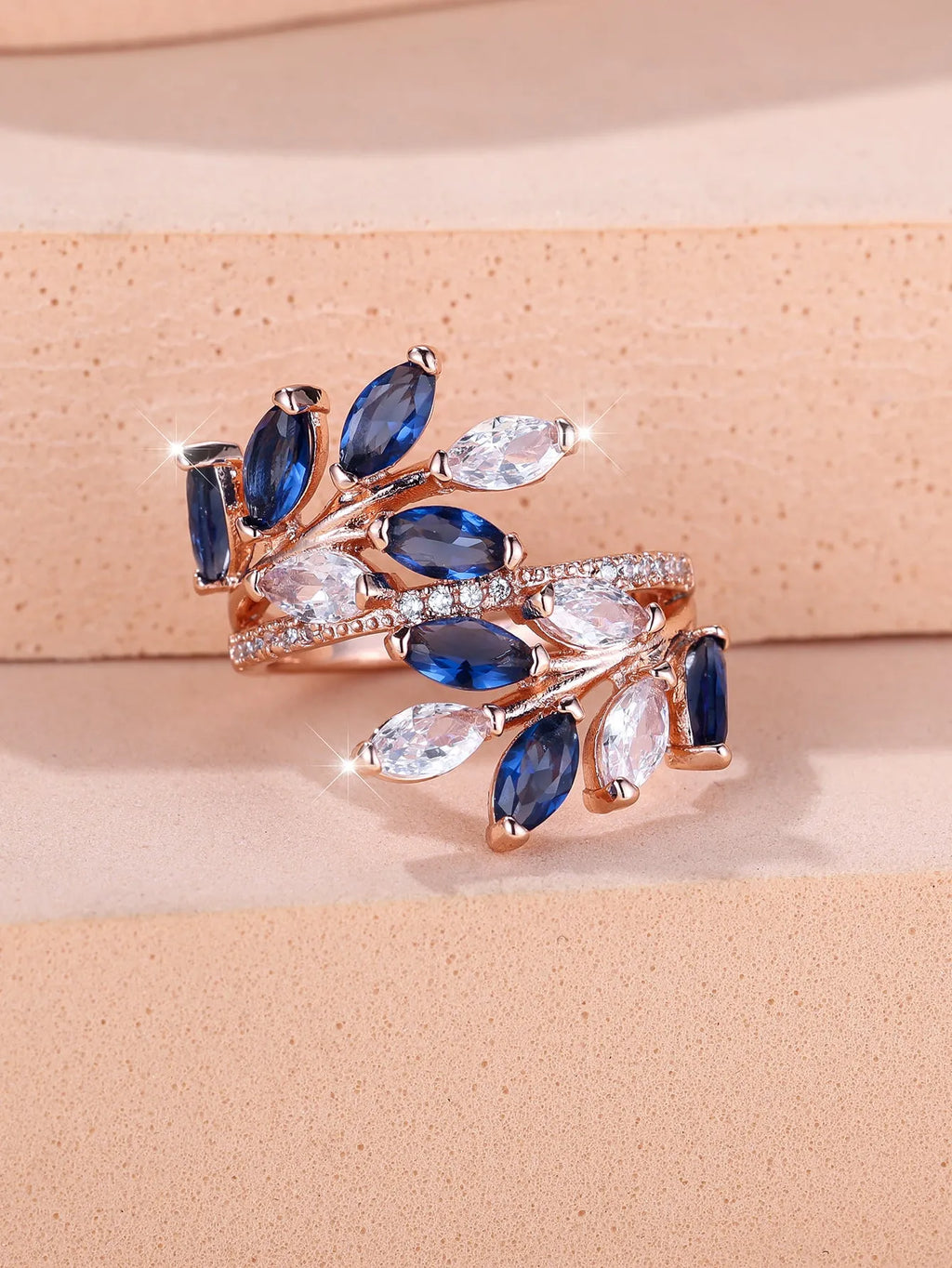 Adjustable copper leaf ring with horse eye zircon accents in multiple colour variations