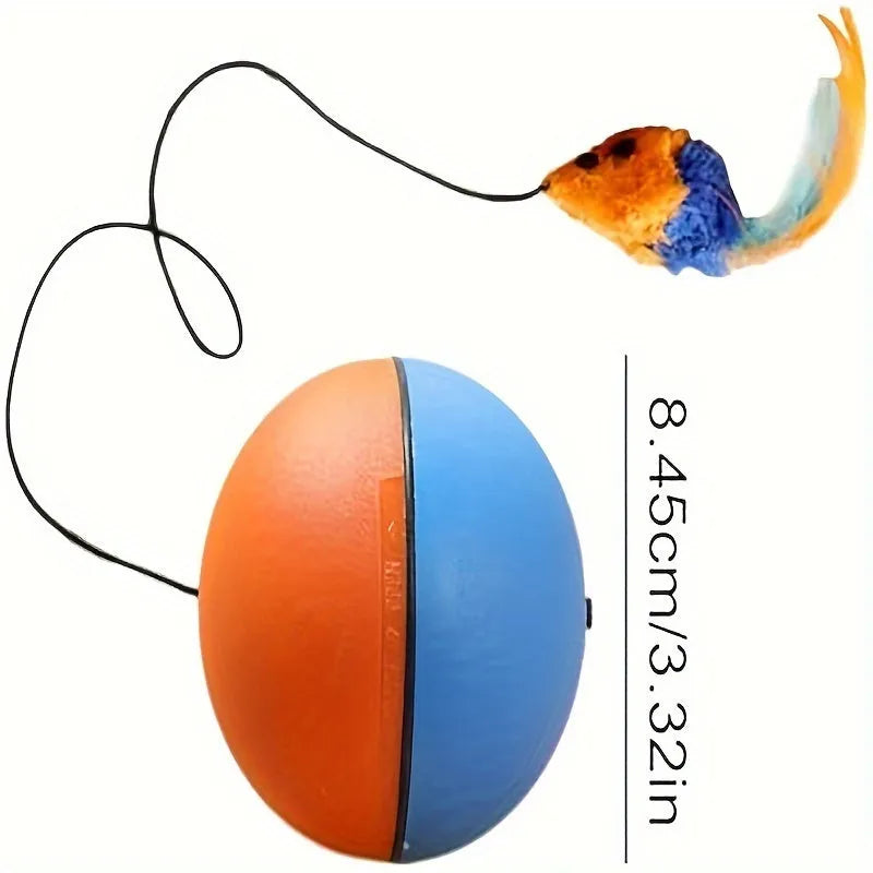 Interactive cat toy with ball and plush mouse in grey or orange, dimensions 8.5cm