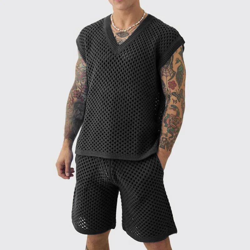 Men's blue V-neck vest and matching shorts summer sports suit