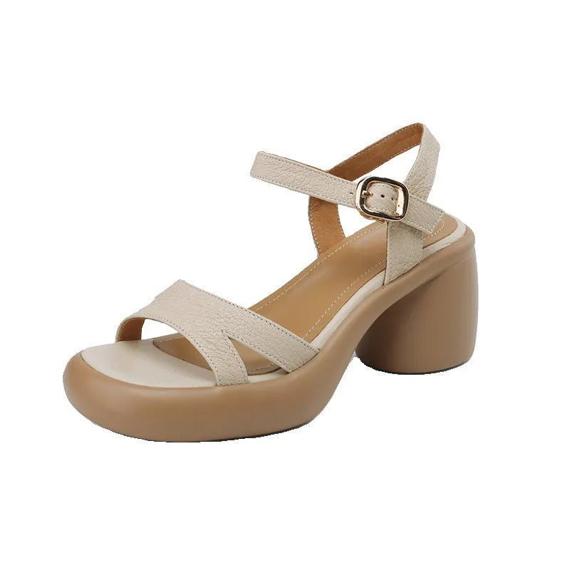Women's open toe platform sandals in apricot colour with a round toe holder and rubber sole.