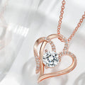 Close-up of a women's heart-shaped pendant necklace in 925 silver with a choice of gold tone finishes.