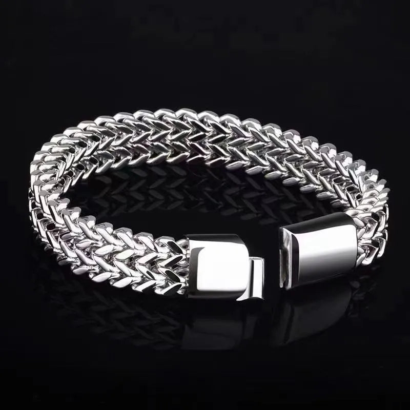 Silver geometric men's stainless steel bracelet showing front and back, with hip hop style.