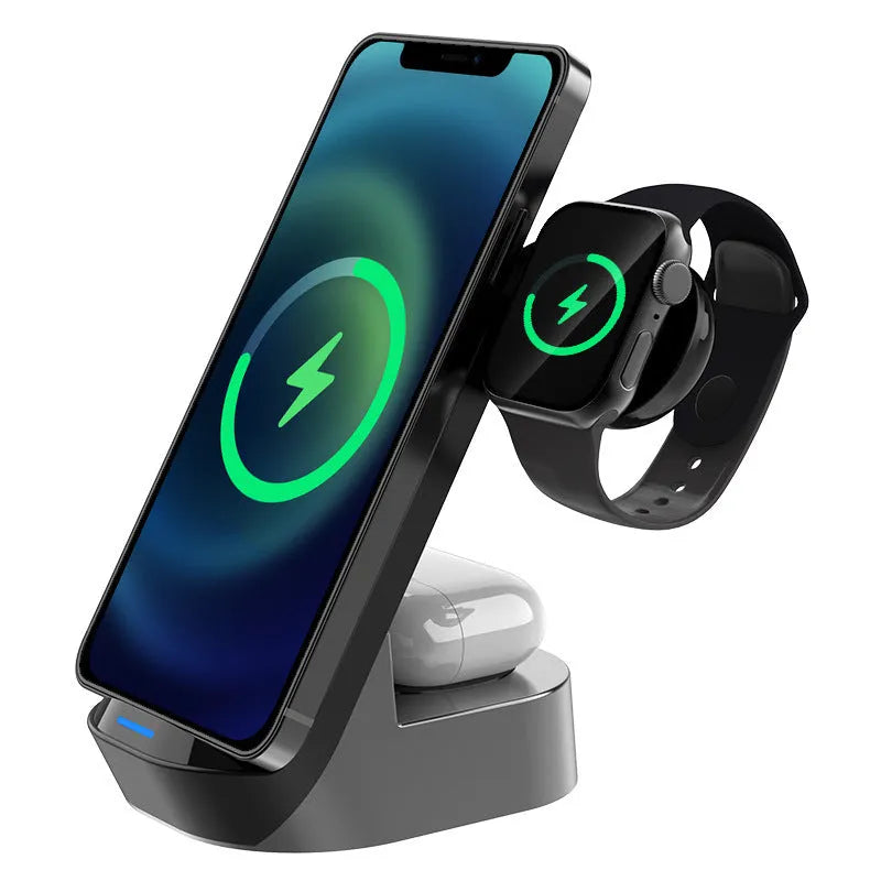 Black grey foldable 3-in-1 wireless charger vertical stand with phone, watch and headphone charging areas