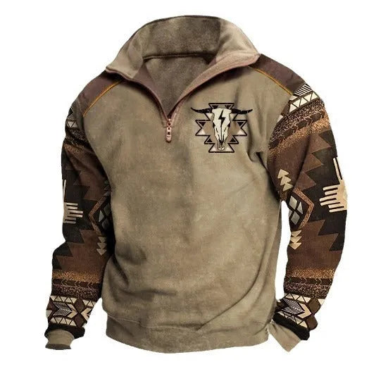 Digital print stand collar men's street zip-up hoodie in polyester air layer fabric loose fit