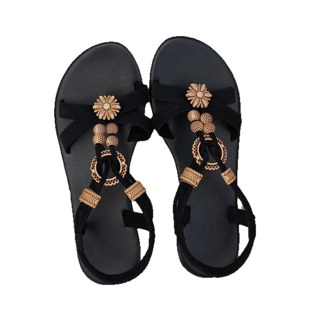 Black ethnic style women's flat beach sandals with beaded weave decoration and open toe design