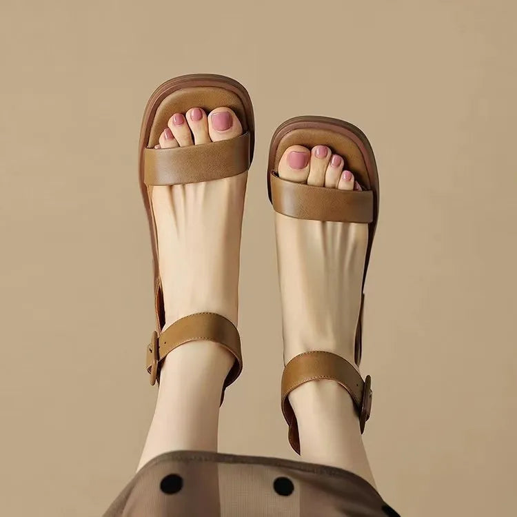 Women's retro ankle-strap platform high heels in khaki and white with round toe design