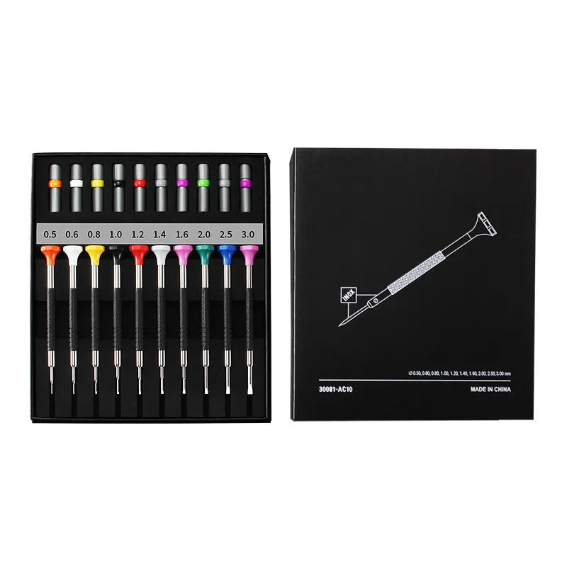 Boxed set of 10 precision screwdrivers and 20 spare bits for glasses and watch repair.