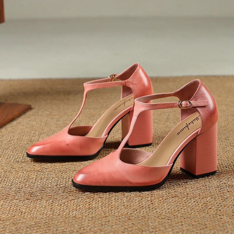Women's retro pointed-toe Mary Jane shoes with a buckle, in pink or dark brown cowhide.