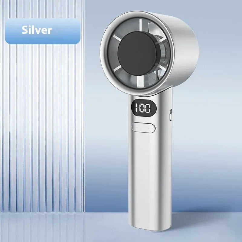 A handheld USB rechargeable fan with variable speed control in green, khaki, silver, or white colour.