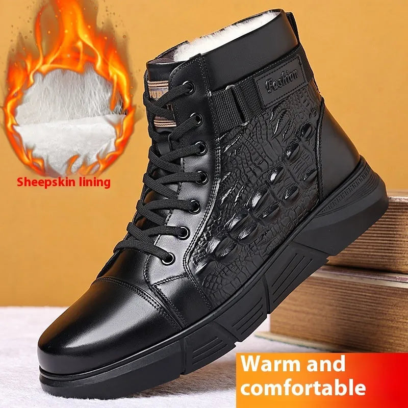 Black and brown genuine leather snow boots with fur lining and rubber sole