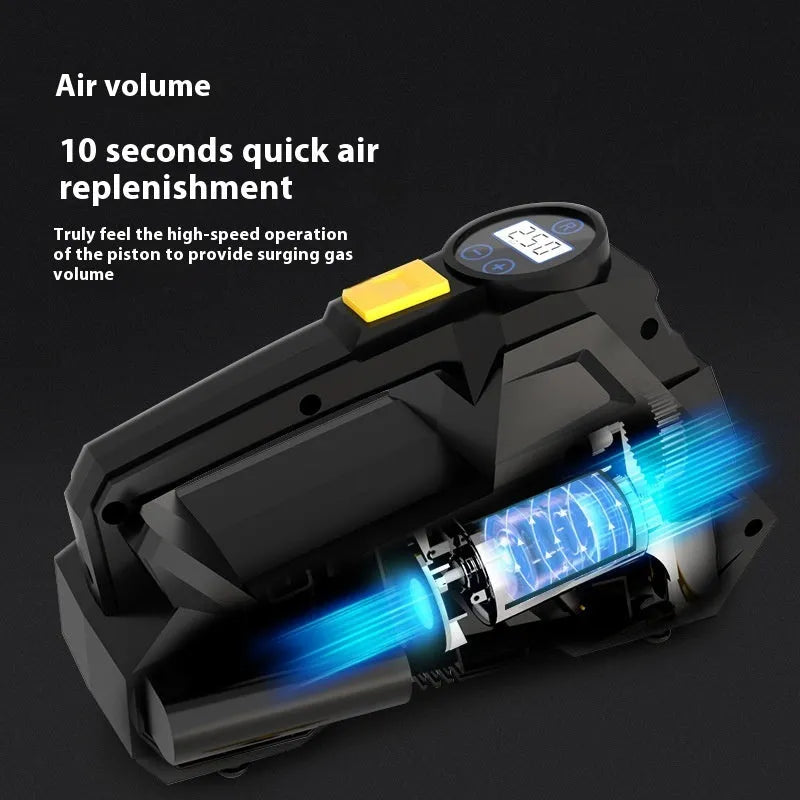 Black portable electric tyre inflator with digital display and LED lighting for vehicle and bicycle tyres