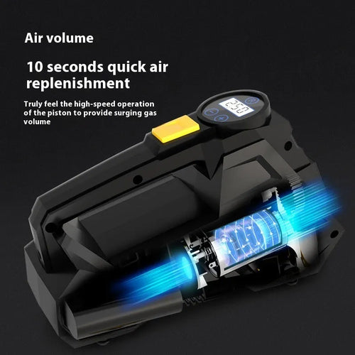 Black portable electric tyre inflator with digital display and LED lighting for vehicle and bicycle tyres