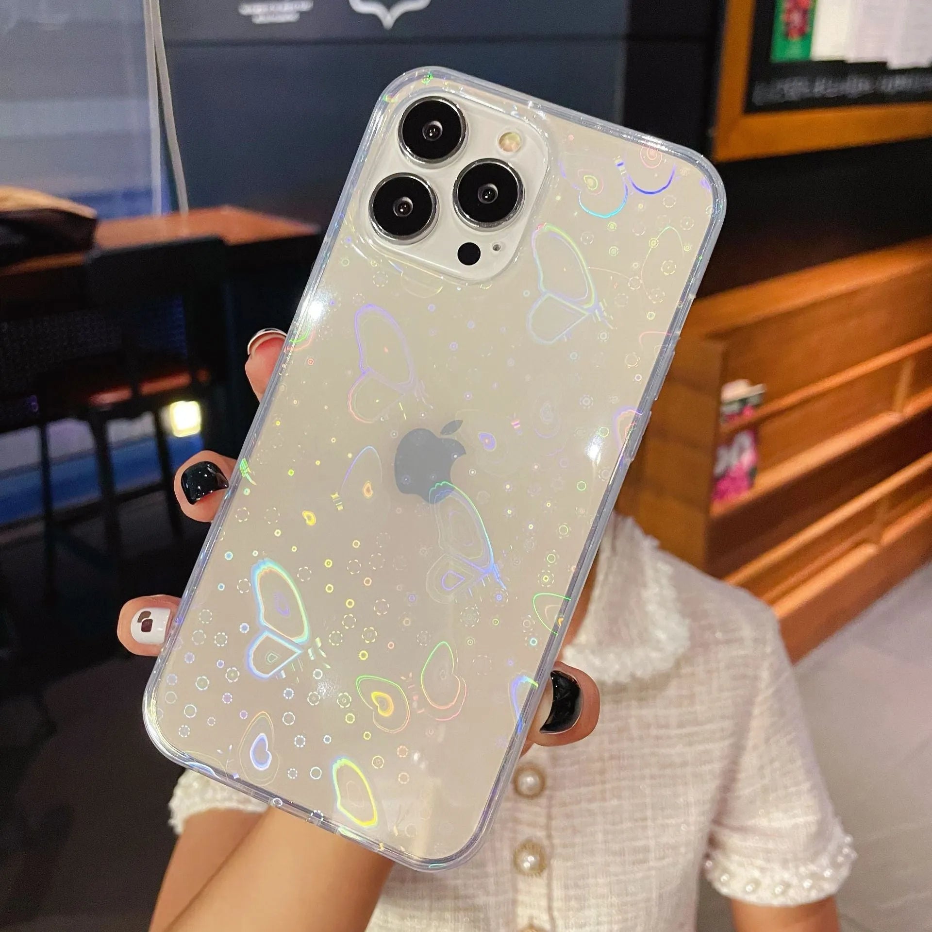 Transparent silicone iPhone case with laser colourful love pattern design.