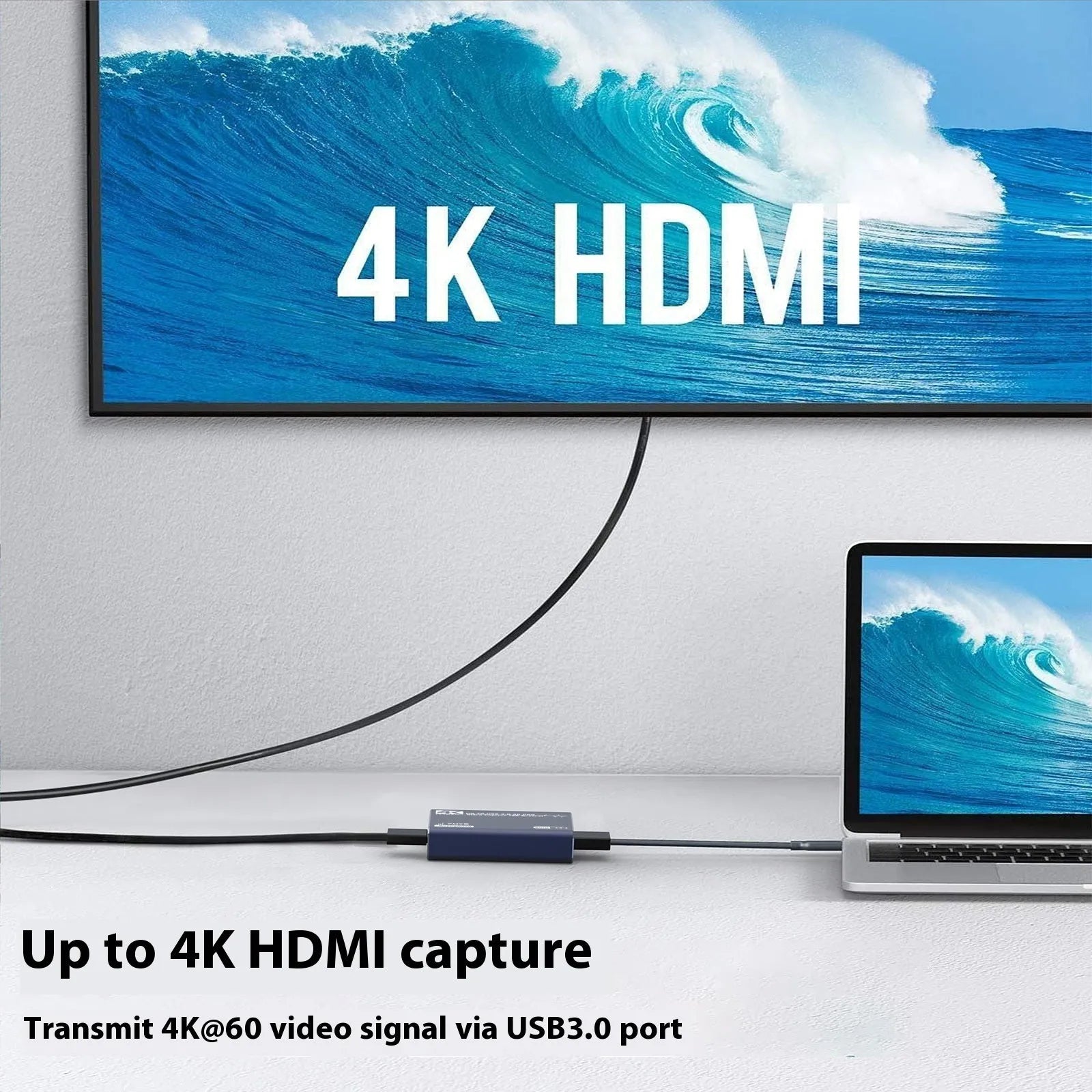 Black 4K gaming set-top box for USB audio recording with MS2131 chip and data cable.