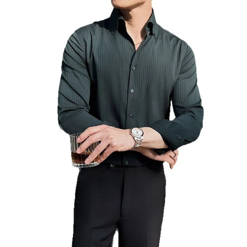 Men's striped V-neck long sleeve casual shirt in polyester blend fabric