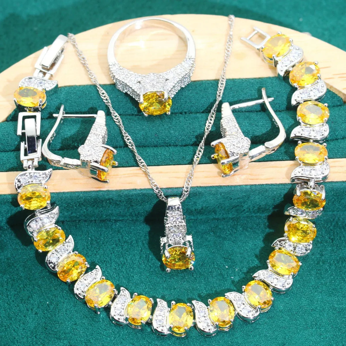 Bridal zircon jewellery set with necklace, earrings, ring and bracelet in multiple colour options