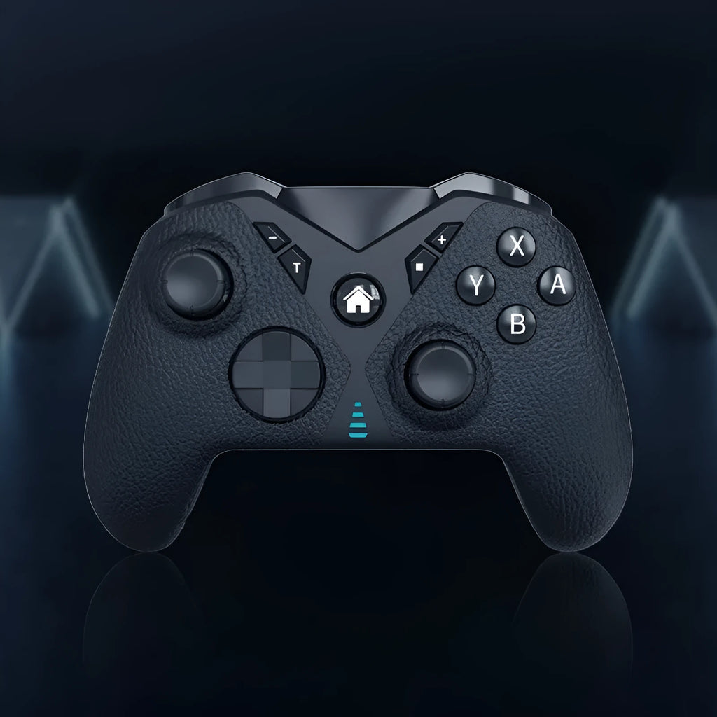 Black wireless game controller with leather pattern texture, showing Type-C port and dimensions 171x67x136mm.