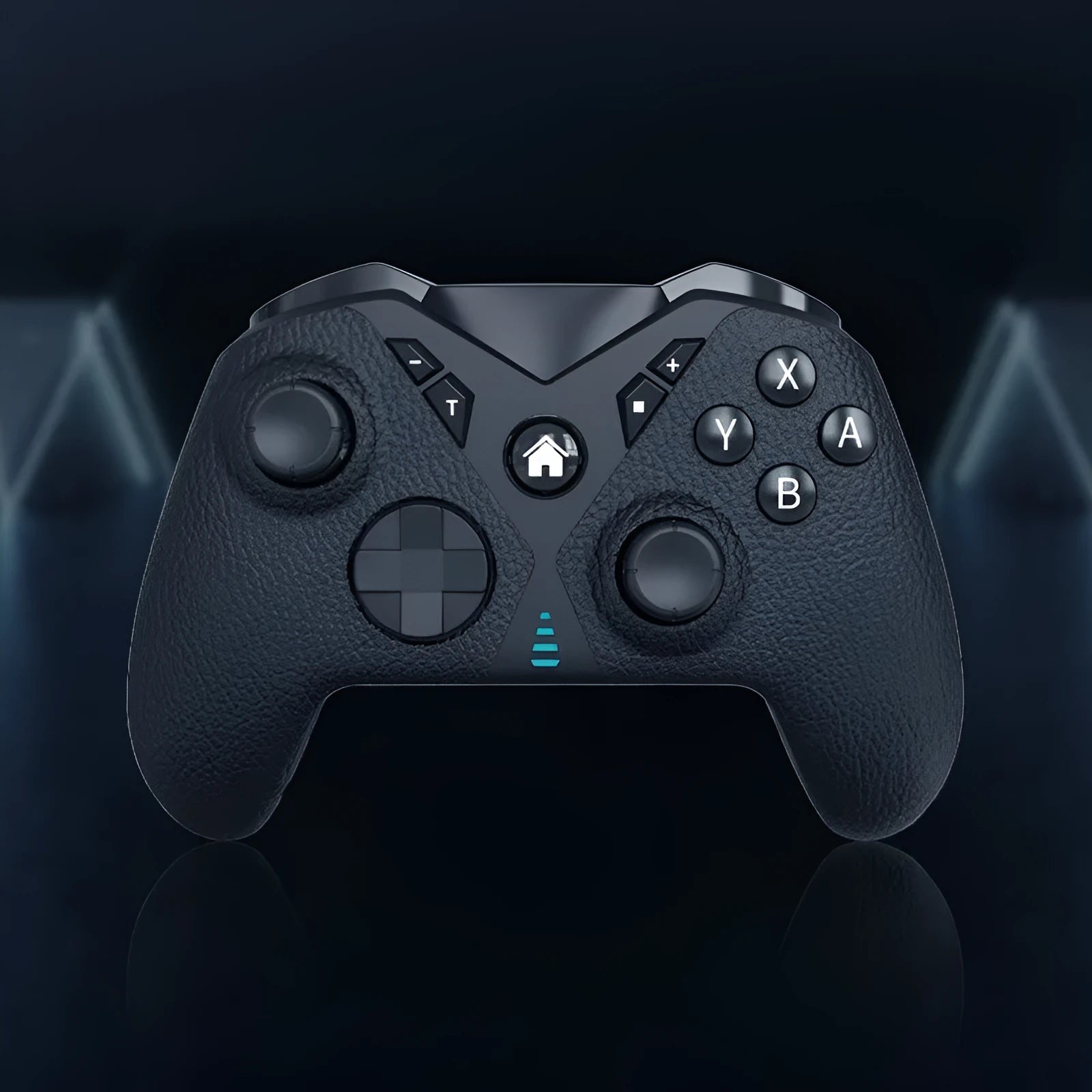 Black wireless game controller with leather pattern texture, showing Type-C port and dimensions 171x67x136mm.