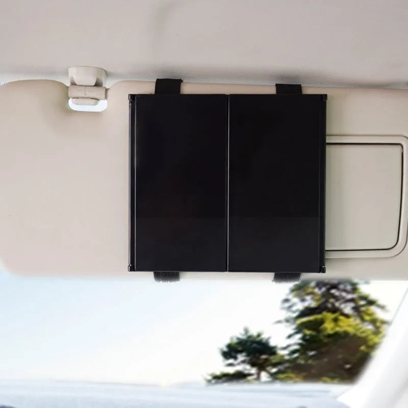 Silver car folding makeup mirror shown open at 30.5x14cm and folded at 15.5x14cm