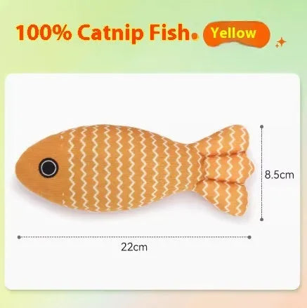 Catnip stuffed fish toy for cats in blue, red and yellow colour options showing large and medium size comparison