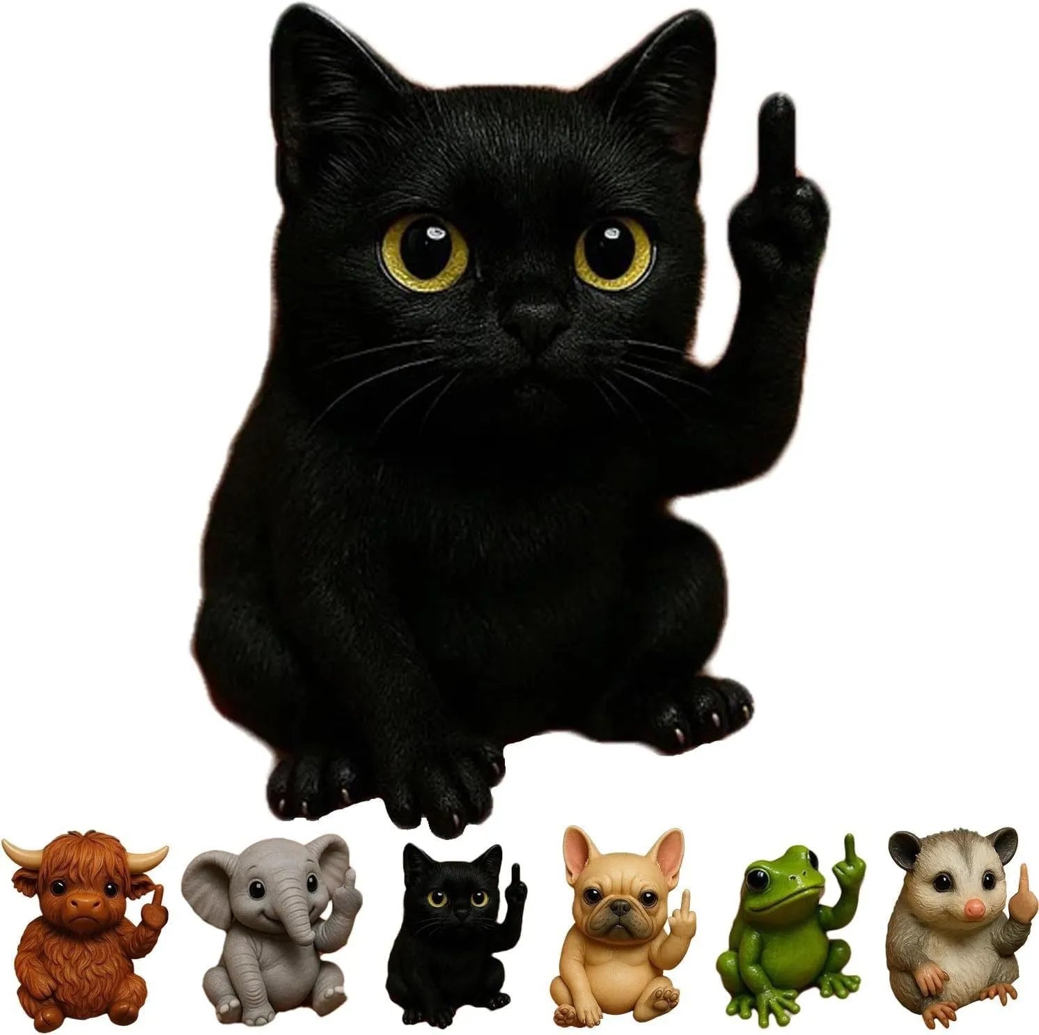 Mini resin animal middle finger ornament doll showing vertical gesture, available in seven animal styles