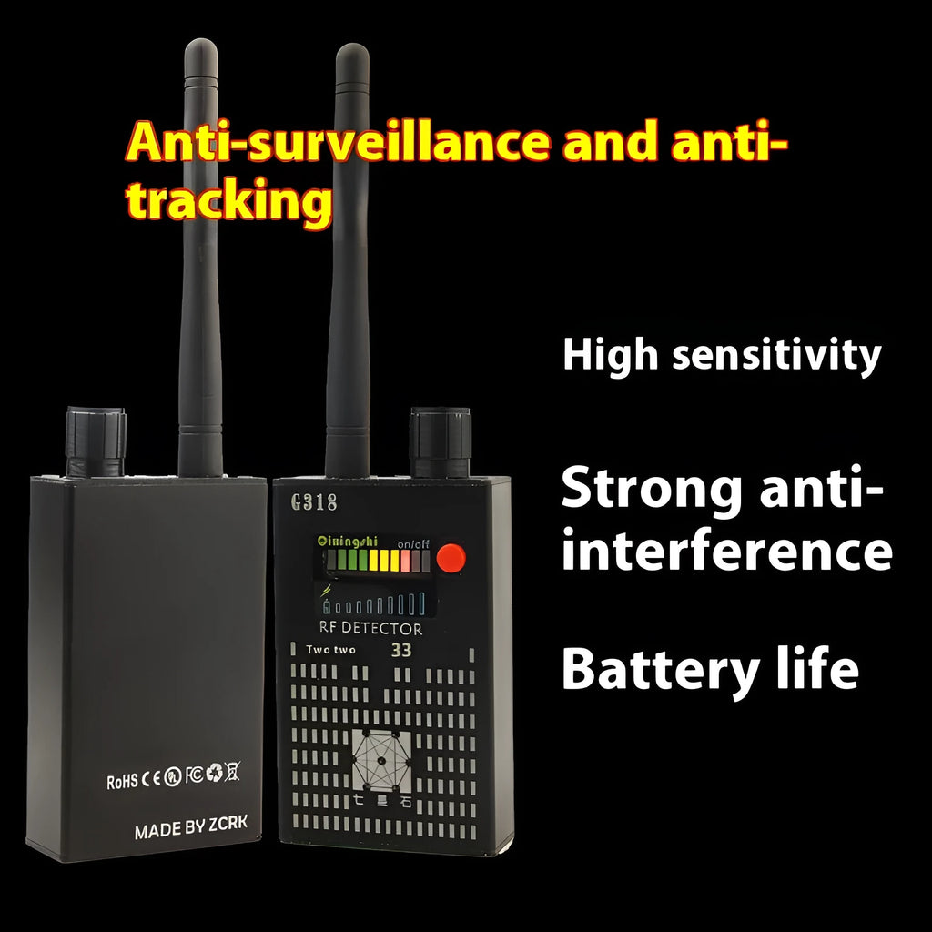G318 professional anti-theft signal detector showing front view with compact dimensions.