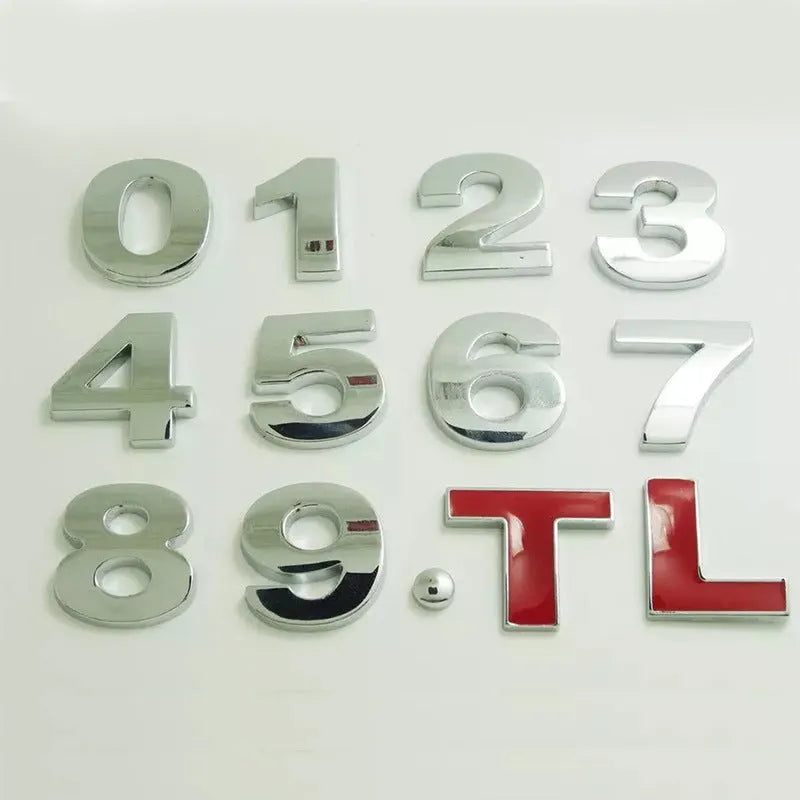 Metal car bumper stickers showing 3D raised English alphabet letters in silver finish
